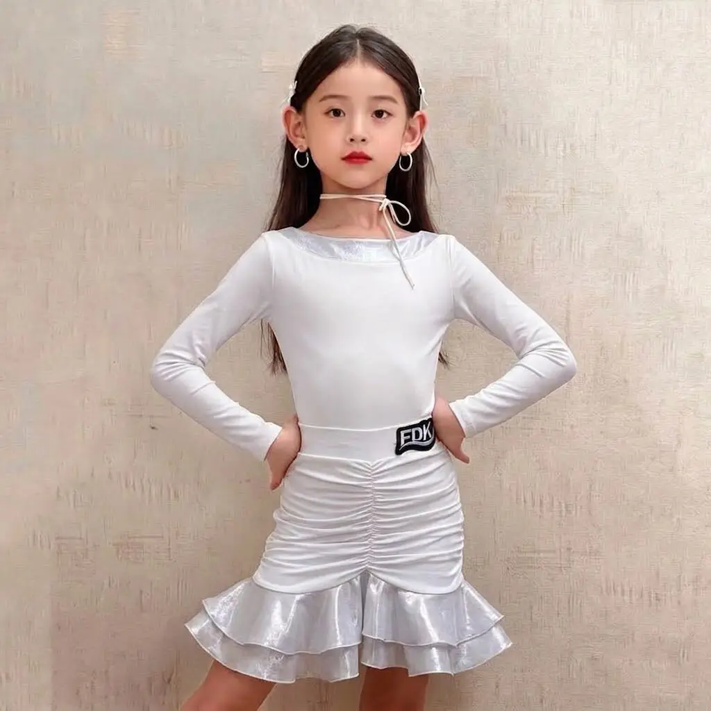 Children Kids Girls Latin Dancewear Black Long Sleeve Bodysuit and Latex Fold Skirt Ballroom Practice Competition Dancewear