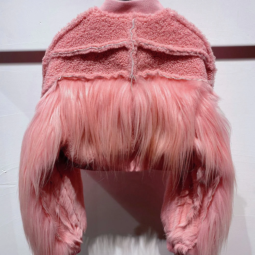 2024 High Street Pink Goat Hair Fur Coat Lamb Fur Coat Women's Cropped Coats Real Fur