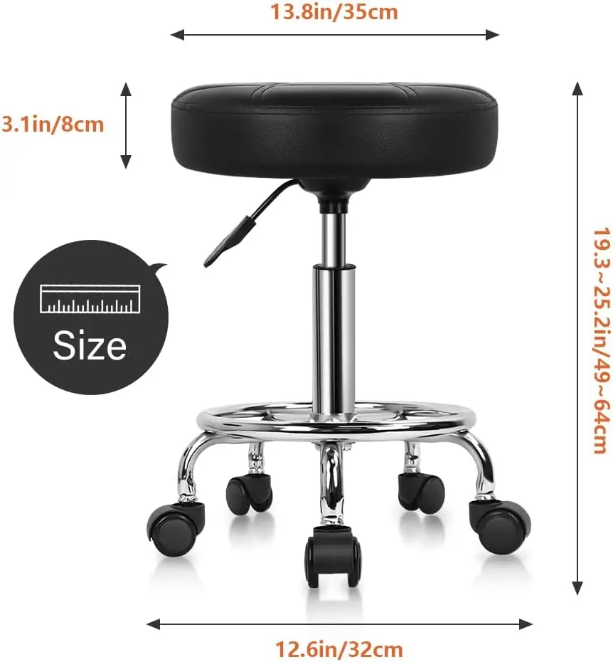 Round Rolling Stool Chair PU Leather Height Adjustable Swivel Drafting Work SPA Shop Medical Salon Stools with Wheels Of