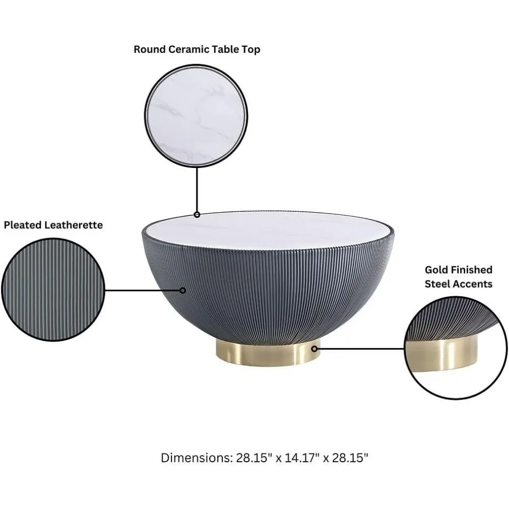 Tavolino da caffè moderno Anderson e tavolino 2.0 imbottito in similpelle grigia con piano in finto ceramica - set di 2