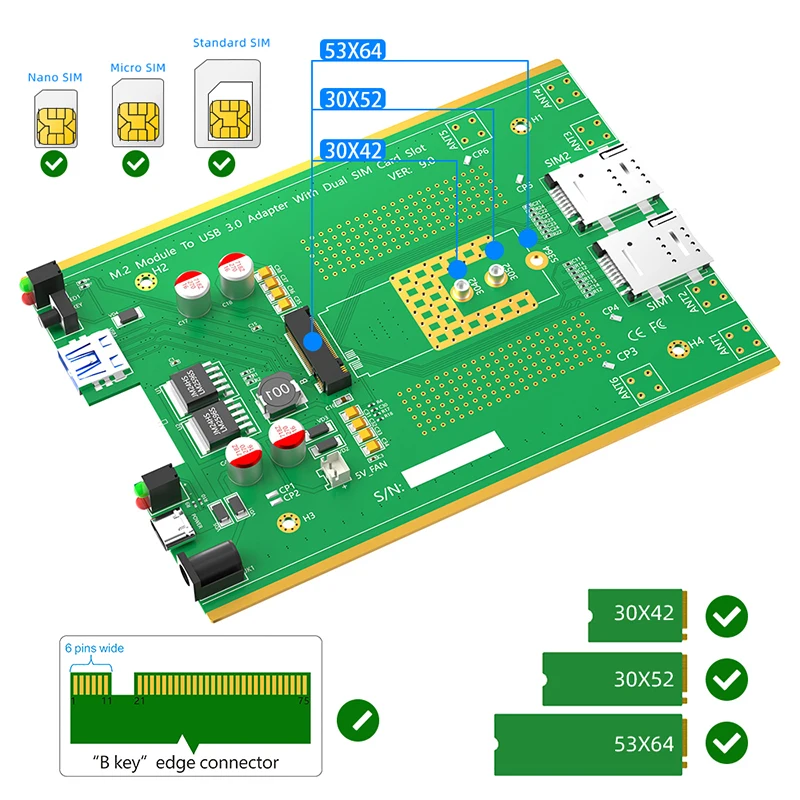 M.2 NGFF 3G/4G/5G Module to USB3.0 Adapter with Cooler Fan Dual SIM Slot DC/Type C Power Supply for 3042 3052 5374 M2 Key B Card