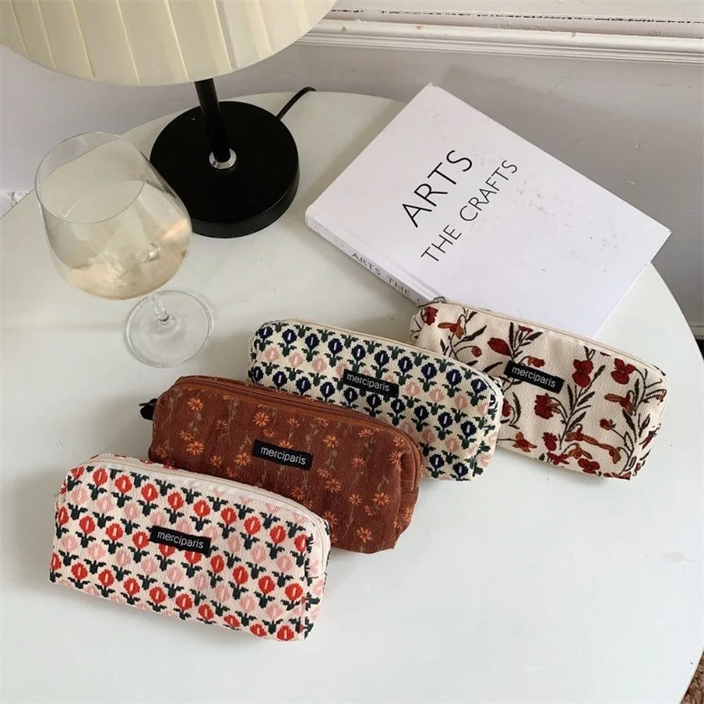 Vintage Portable Pencil Case Ins Style Flower Print Storage Organizer Pouch Corduroy Pen Bag for Girls