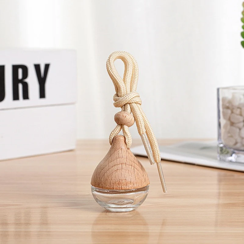6ml Frosted Glass Empty Pendant Auto Perfume Bottles With Wood Lid Portable Essential Oil Container Car Accessories