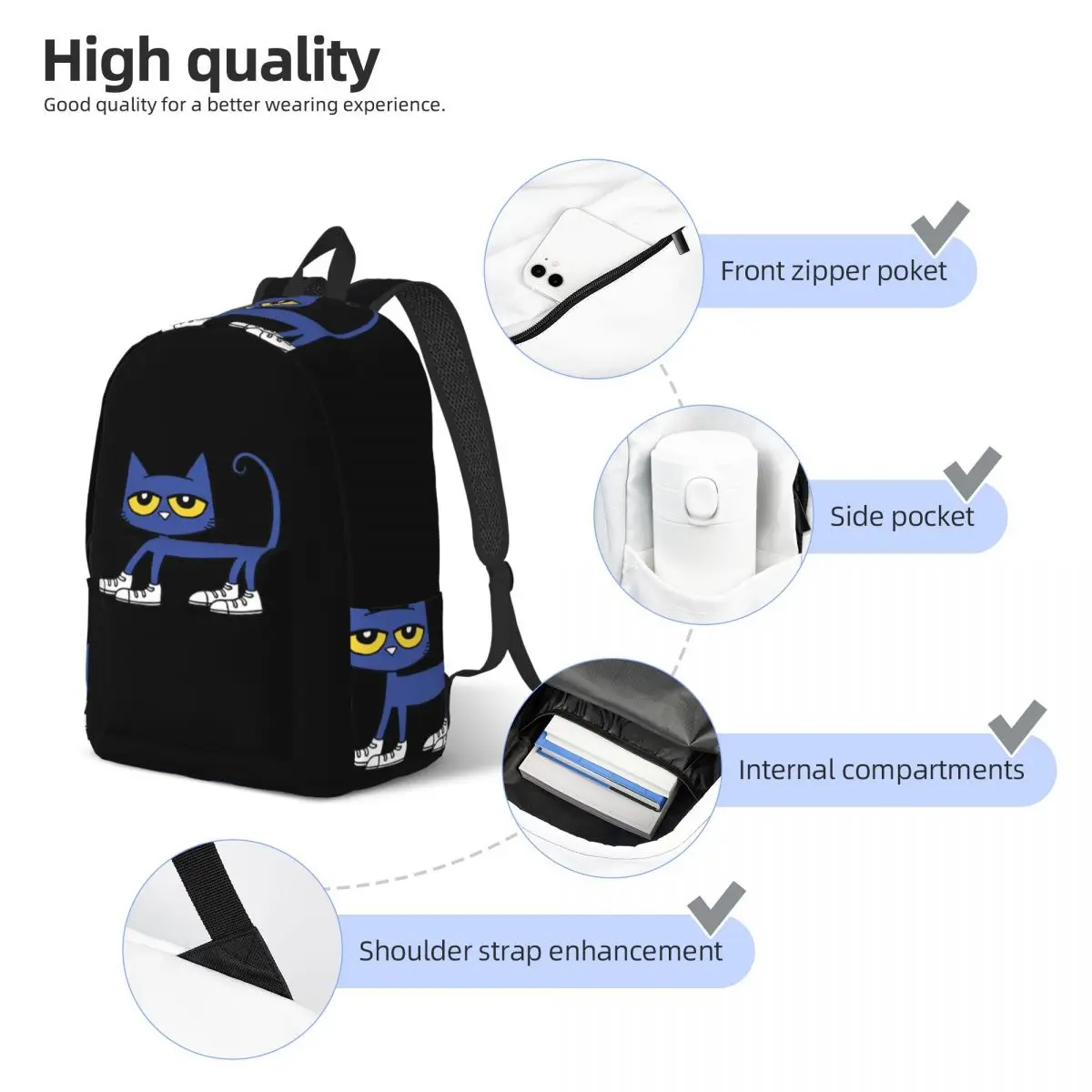 Pete The Cat I Love My White Shoes Student Backpack School Bag Hiking Travel Daypack for Boys Girls Bookbag Shoulder Bags