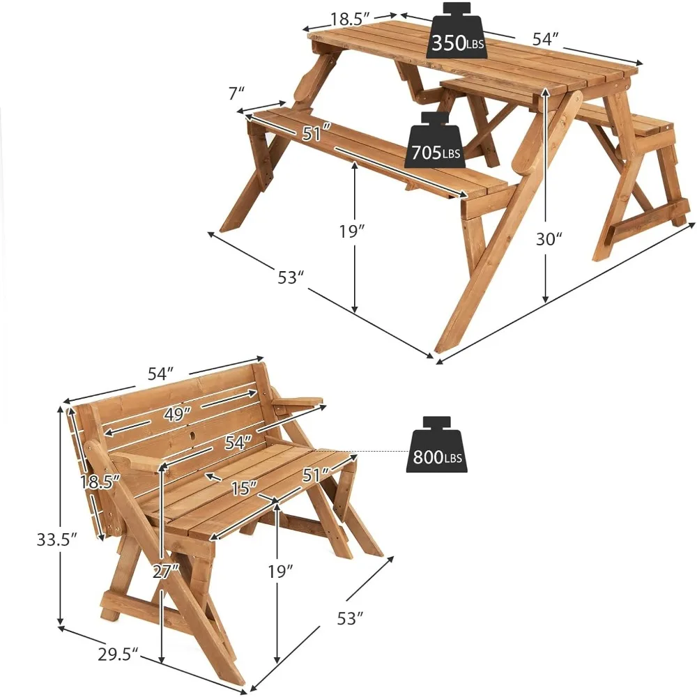 Picnic Table, 2 in 1 Convertible Bench Set, Transforming Interchangeable Wooden with Umbrella Hole, Collapsible Outdoor Tables