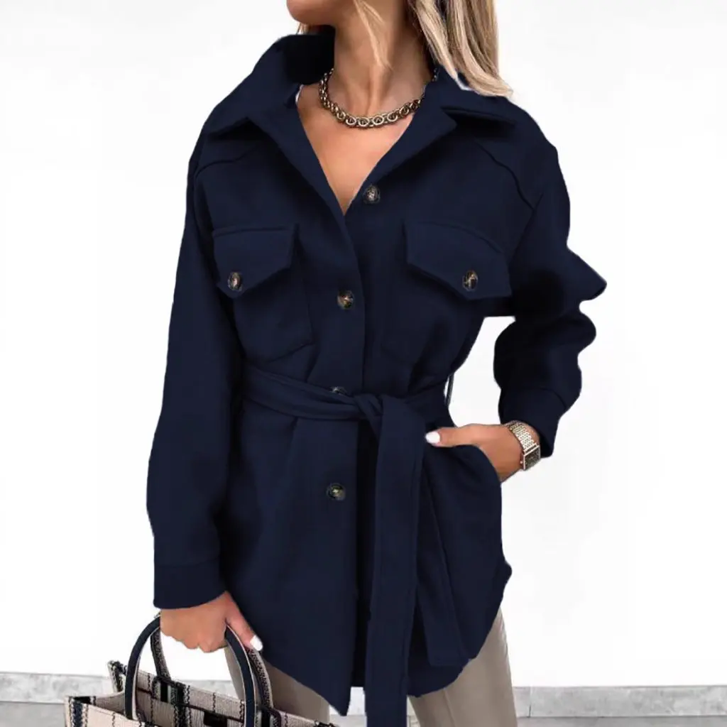 

Fashionable Woolen Coat Women's Turn-down Collar Buttoned Belted Outerwear Top Selling Autumn Winter