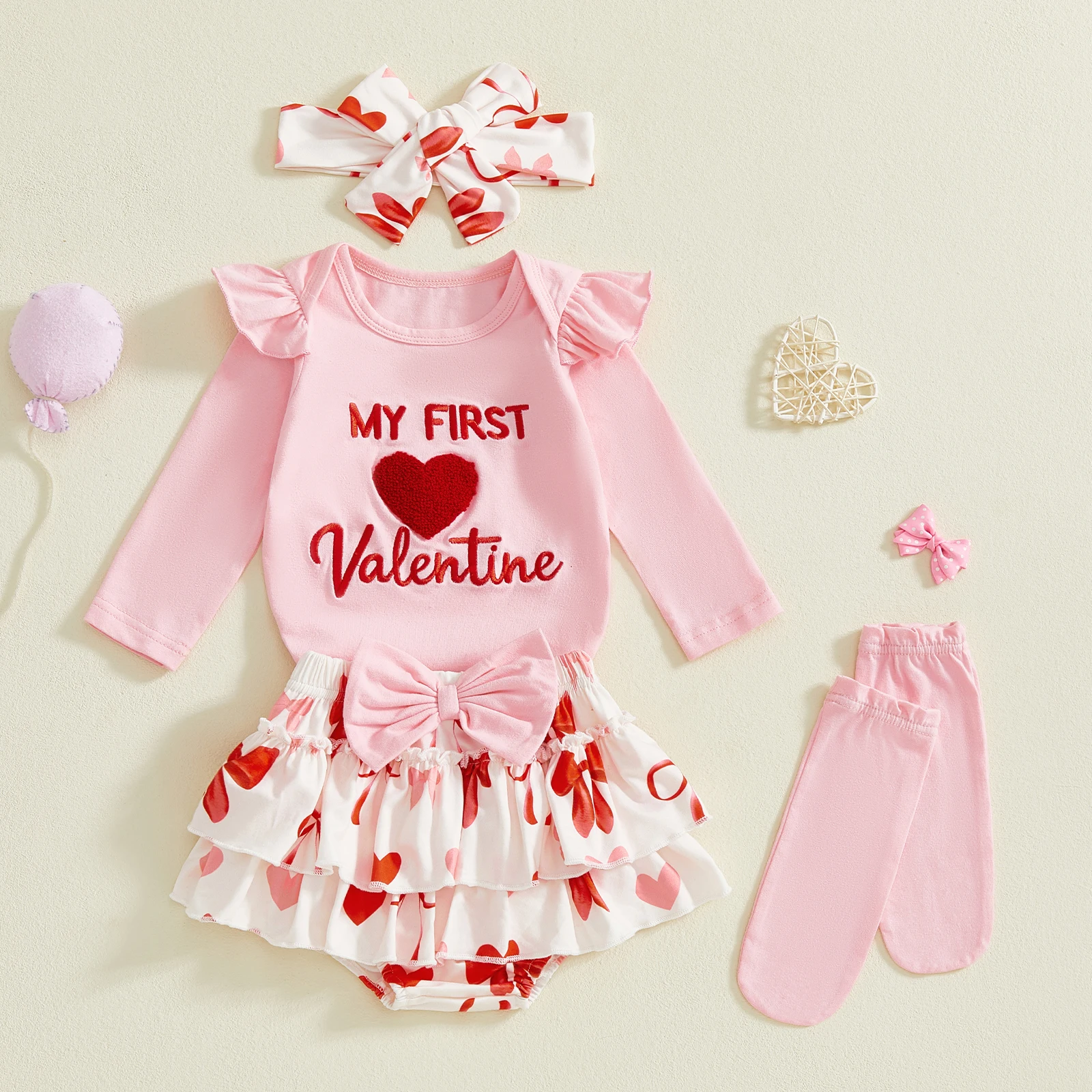 Sweety Baby Girl Valentine's Outfits Ruffle Long Sleeve Crew Neck Romper Layered Shorts Headband Socks Set