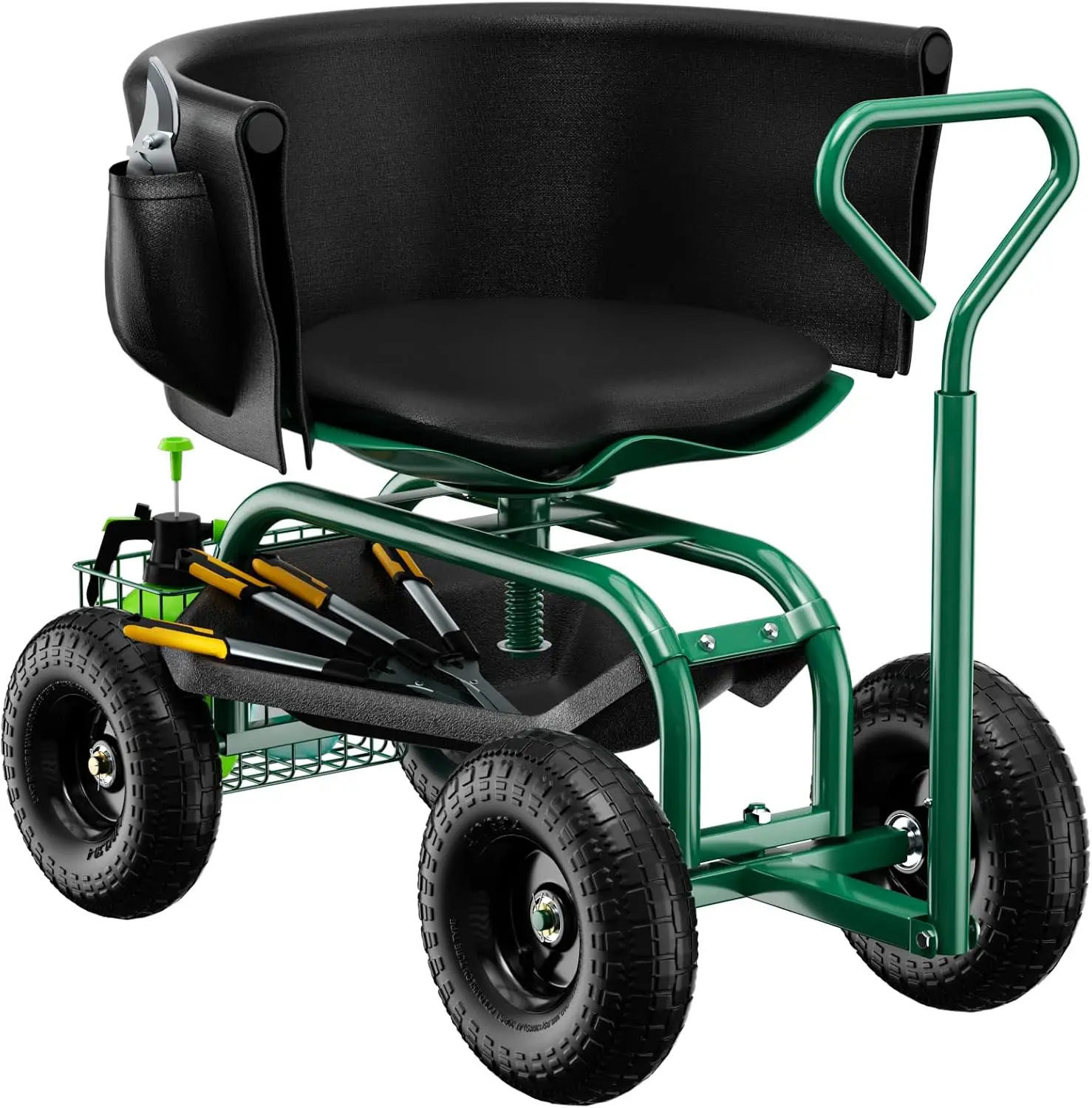 Garden Seat with Wheels, Rolling Garden Stool with Adjustable 360°Swivel Seat, Storage Basket & Extendable Handle, Outdoor Garde