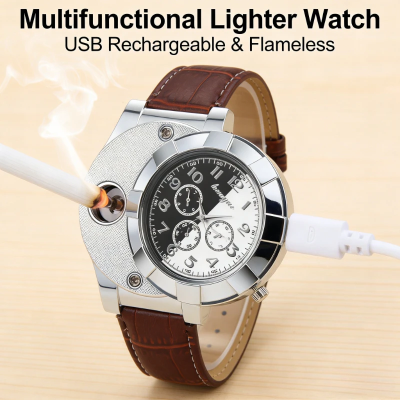 

Multifunctional Quartz Watch Metal Lighter USB Rechargeable Windproof Cigarette Lighter Portable Outdoor Survival Gift for Women