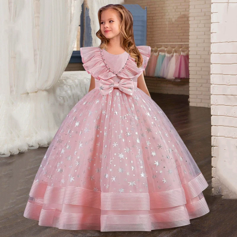 2023 summer girls princess dress pattern tail small dress children bow tie neckline evening dress short-sleeved satin tutu skirt