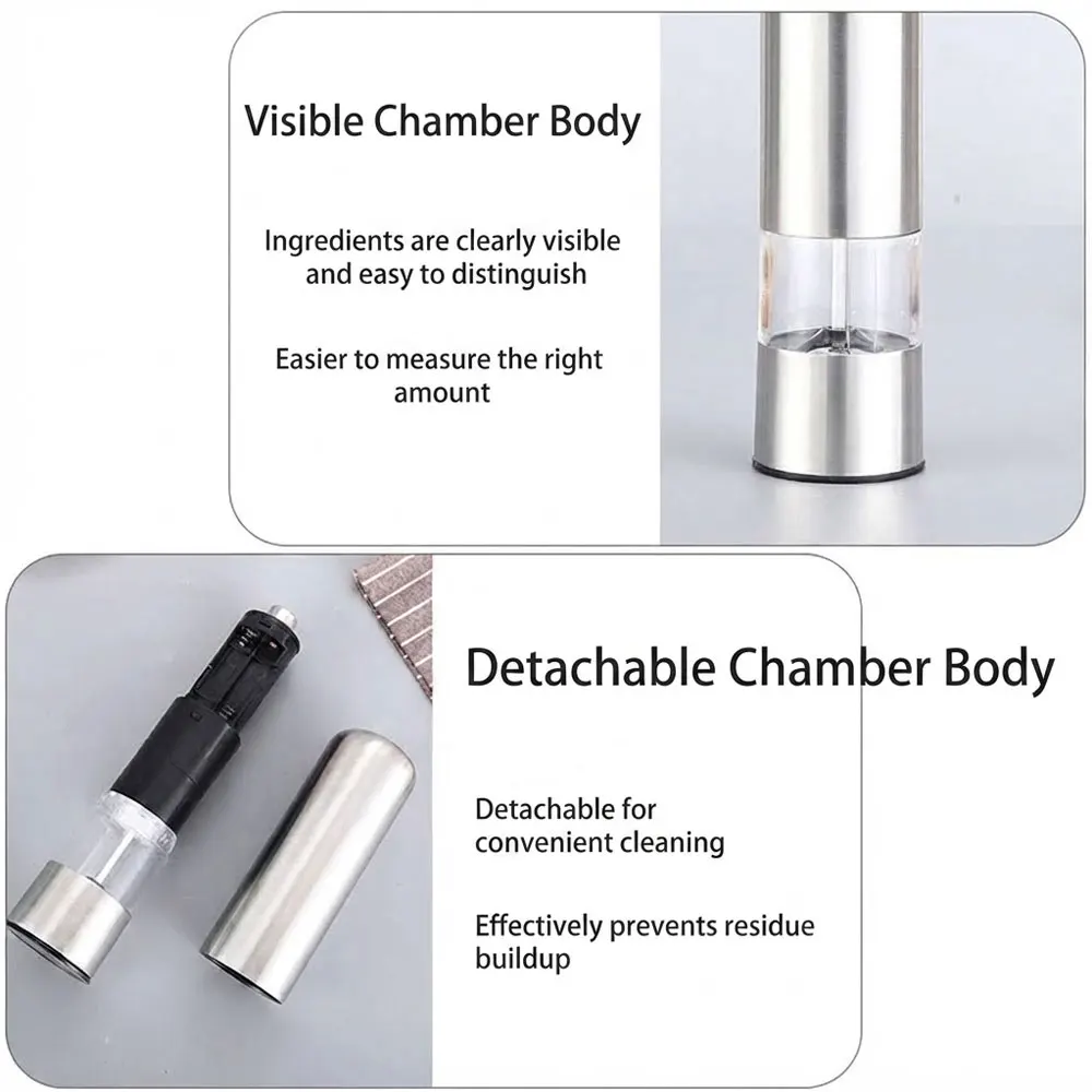 Electric Pepper Grinder Stainless Steel Salt and Pepper Mill Set for Black White Pepper Sichuan Peppercorn Rose Salt Grinding Seasoning Bottle Home Kitchen Spice Mill Tool Gadgets for Cooking Supplies Easy Use Women Men Family Friend Christmas Gift