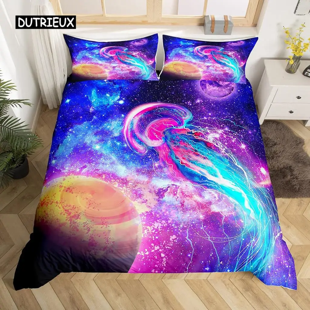 

Jellyfish Duvet Cover Set Purple Galaxy Glowing Jellyfish Bedding Set Universe and Sea Creatures 2/3pcs Comforter Cover for Kids