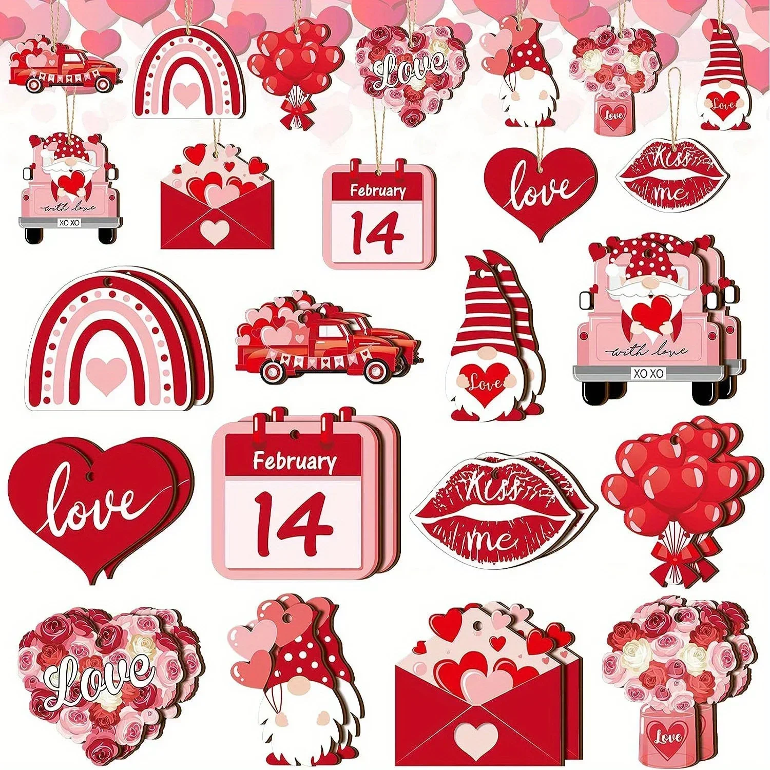 24pcs Valentine's Day Pink Wooden Hanging Ornaments Party Decor Holiday Supplies Tree Decorations Yard Holiday Decoration