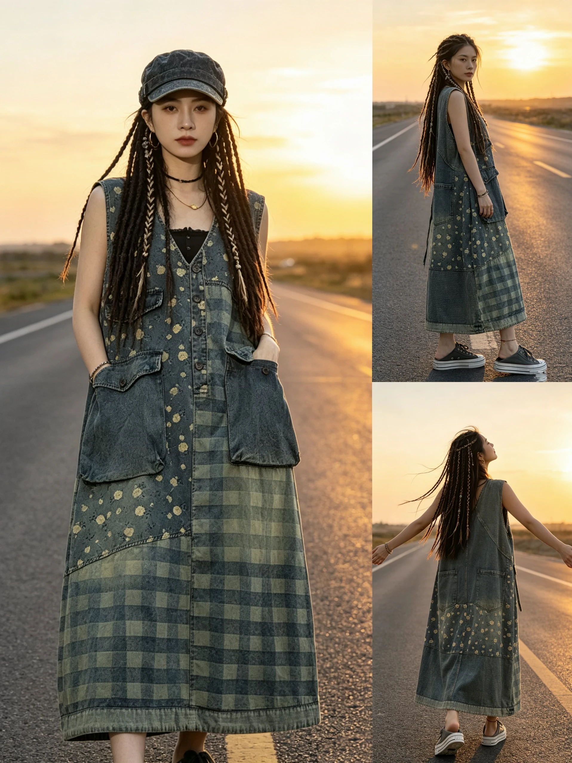 

Original Summer 2026 Vintage Patchwork Print Denim Vest Skirt Women Loose Casual Sleeveless Long Dress High Waist A-Line Skirt
