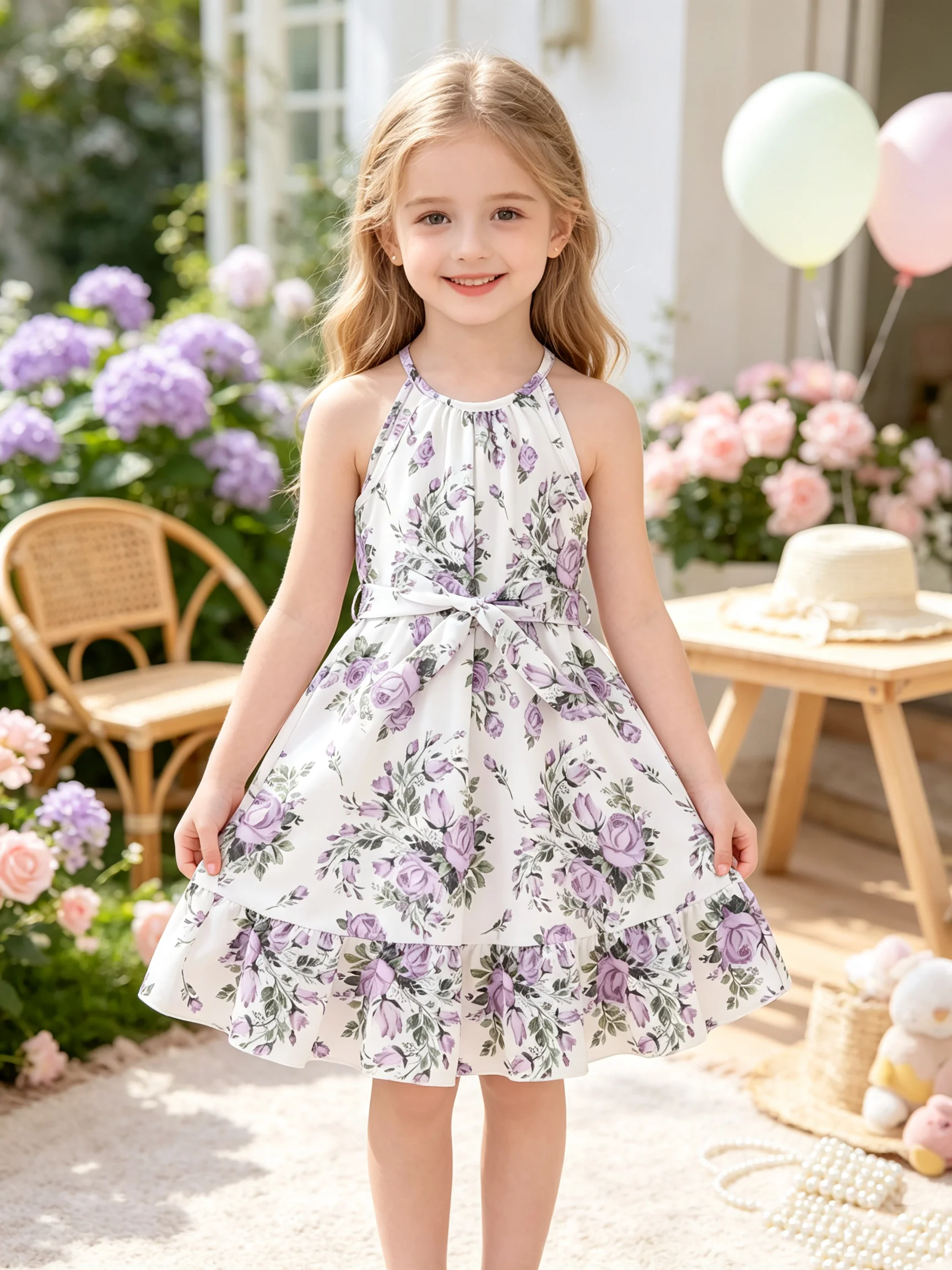 Kids Floral Print Dress Comfortable round Neck Sleeveless Suspender Mid-Length Children's Clothing with Waist Cinching Straps
