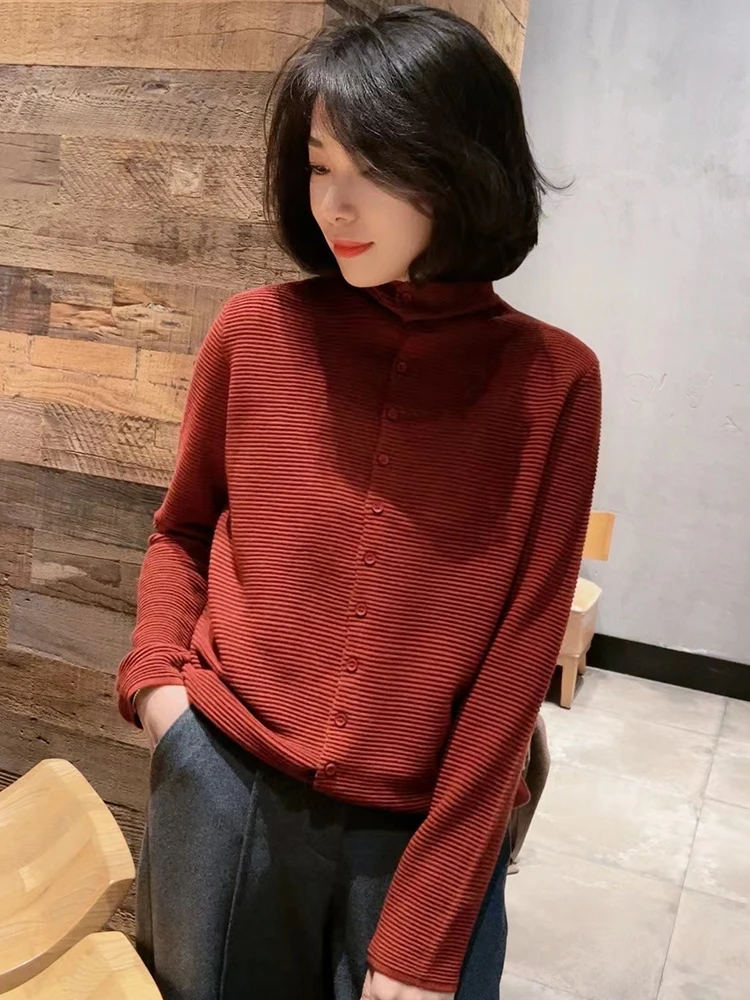 Faionable-Top de capa Base larga de punto de lana, Top Ele Commute Sle, ropa de otoño, Lin poético, ajuste holgado coreano con botones