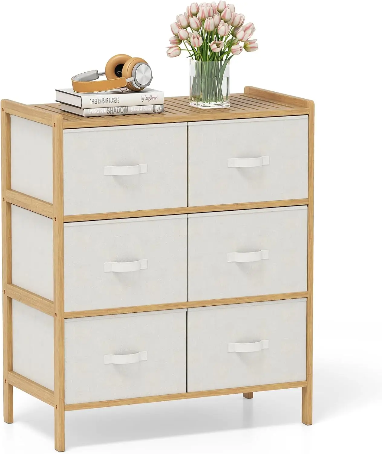 

6-Drawer Dresser for Bedroom, Bamboo Storage Tower with 6 Foldable Fabric Drawers & Top Shelf, Modern Chest of Drawers, Vertical