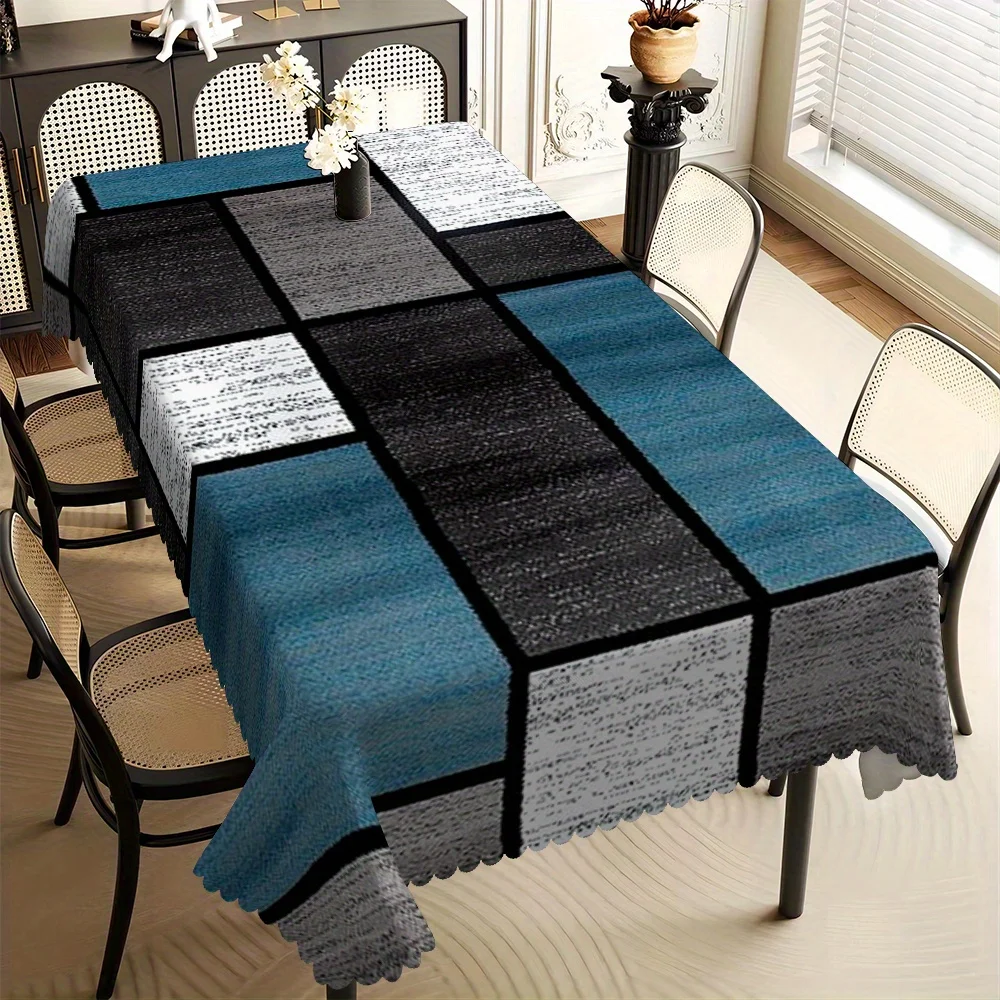 JIT, 1pc Modern Blue-Grey Geometric Square Pattern Rectangular Tablecloth, with Fan-Shaped Edges Polyester Fiber