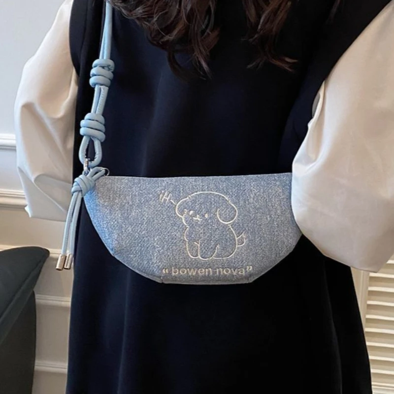 Sliver Blue Coffee Brown Cute Cartoon Dog Embroidery Canvas PU Leather Casual Knotted Strap Shoulder Crossbody For Girls Women