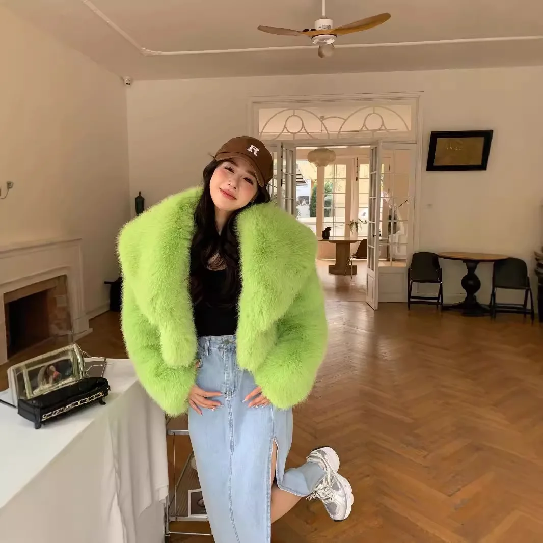 Fluorescent Green Jacket Women's Short Furry Warm Jacket