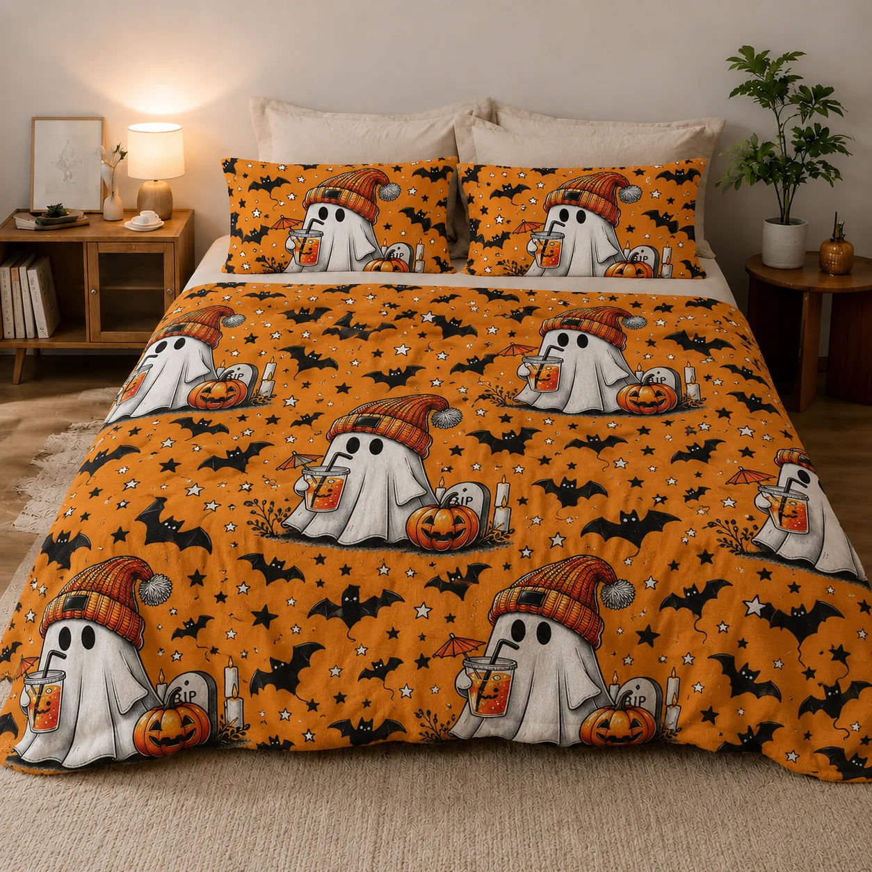 Cute Halloween Ghost Flannel Blanket 3 Piece Set with 2 Pillow Covers, Orange Pumpkin Bat Spooky Throw Blanket for Bed Sofa Couch Bedroom Living Room Decor, No Pillow Inserts