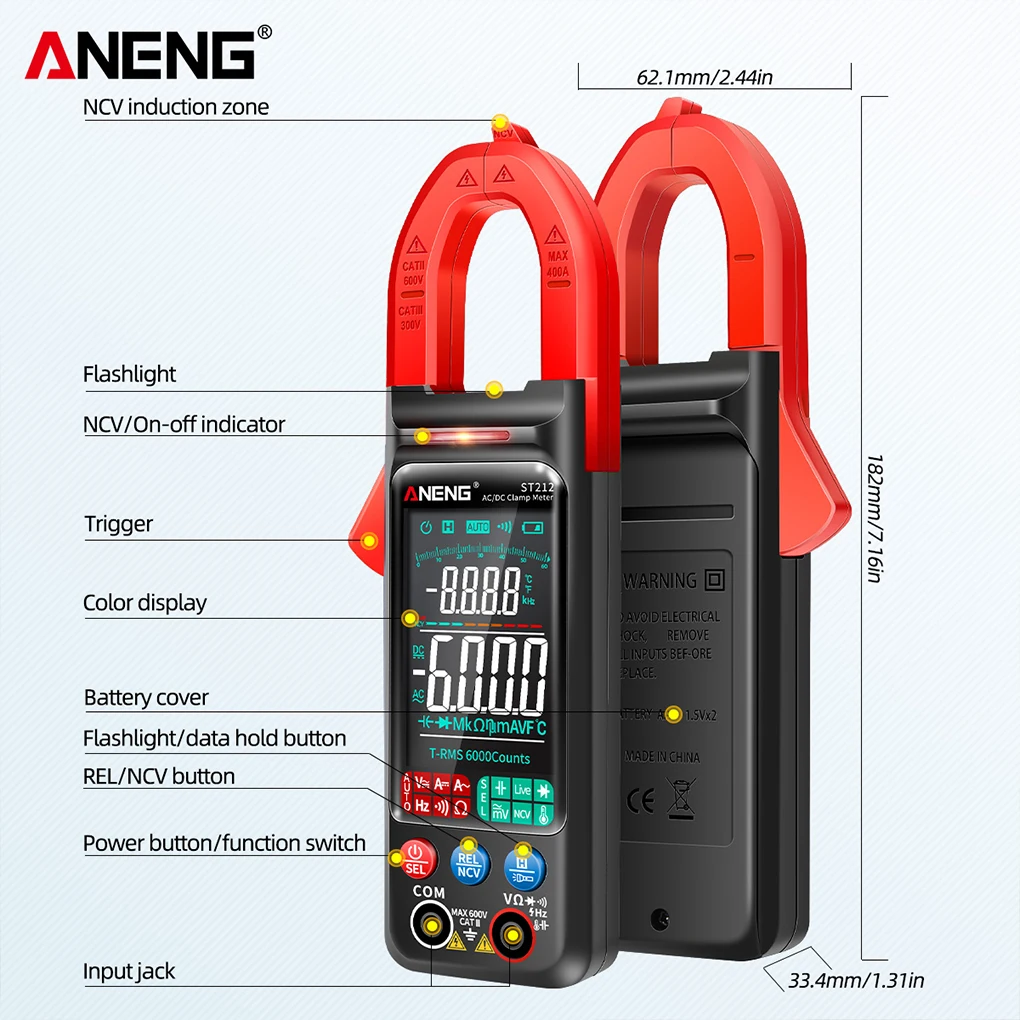 Imagem -05 - Aneng St212 Braçadeira Multímetro Testador de Exibição Digital Detector de Corrente Elétrica Auto-variando Medidor Multifuncional Vermelho