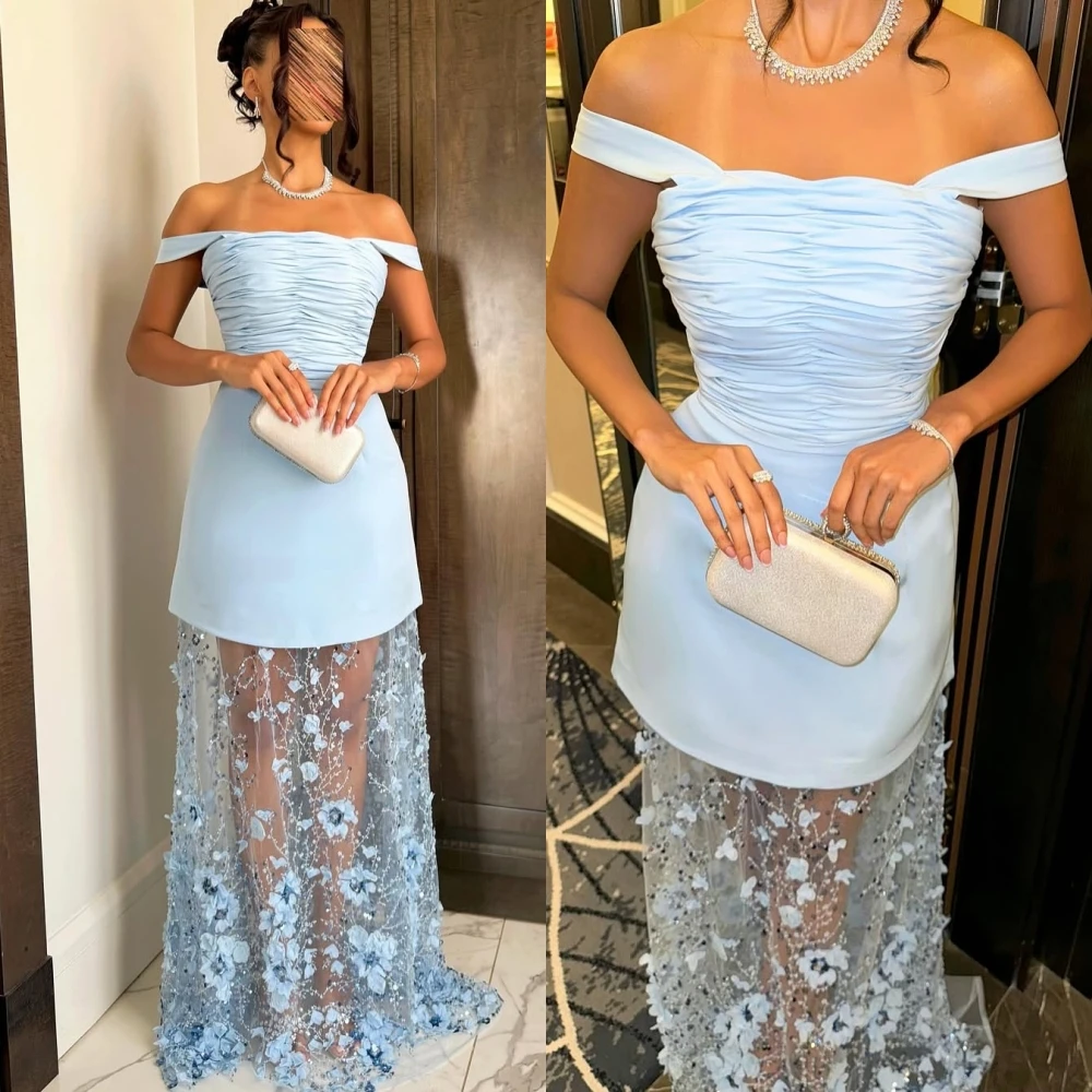 فستان سهرة أنيق من الأورجانزا الأزرق مخصص برقبة قارب كلاسيكية قبالة الكتف فستان الحفلات الحديث مزين بالخرز فستان الحفلة الراقصة #2