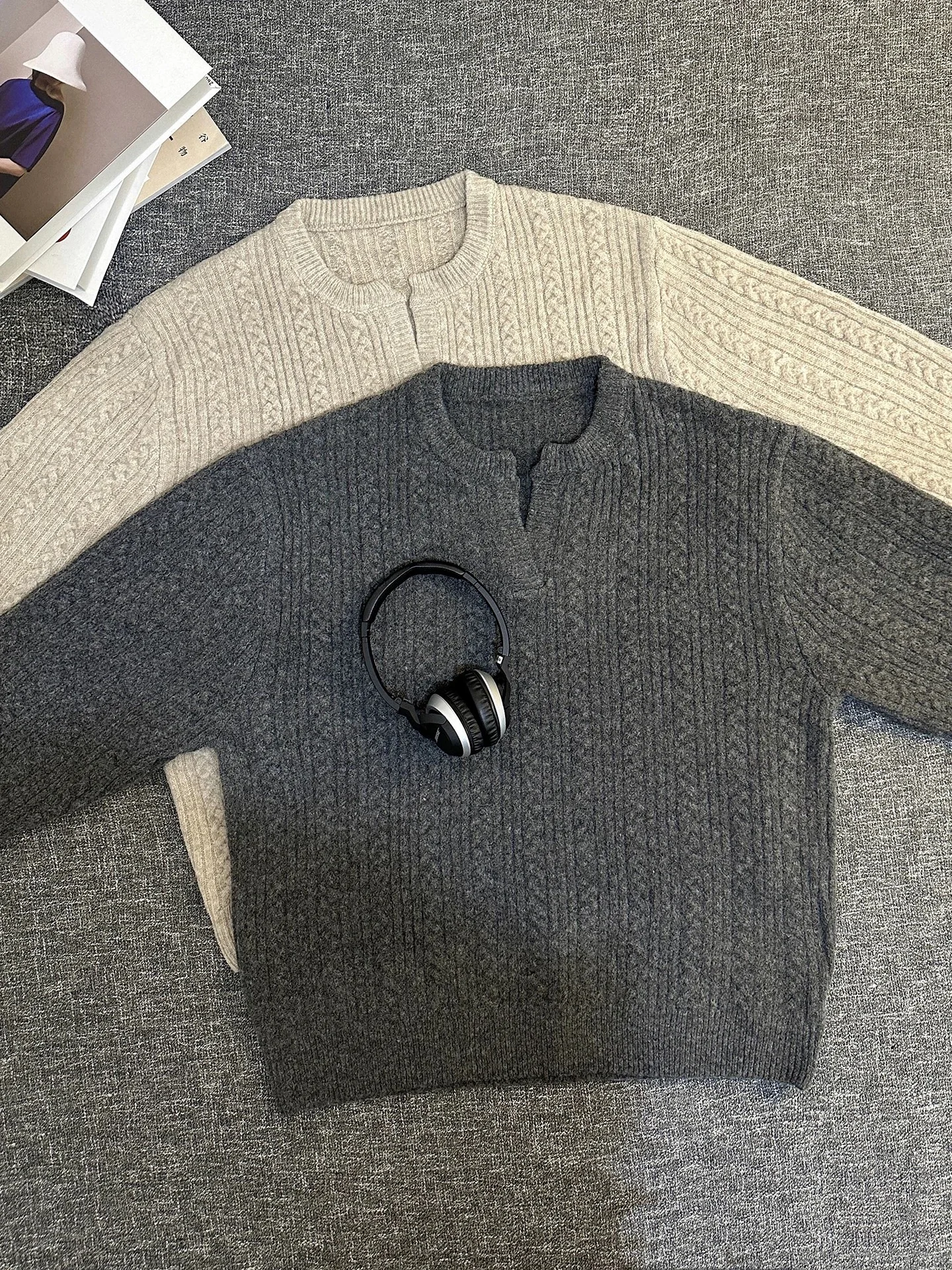 

American Retro Striped Henry Collar Men's Knitwear V-Ne Lazy Sle Autumn Winter High-End Feeling Polyester Fiber Casual Wear