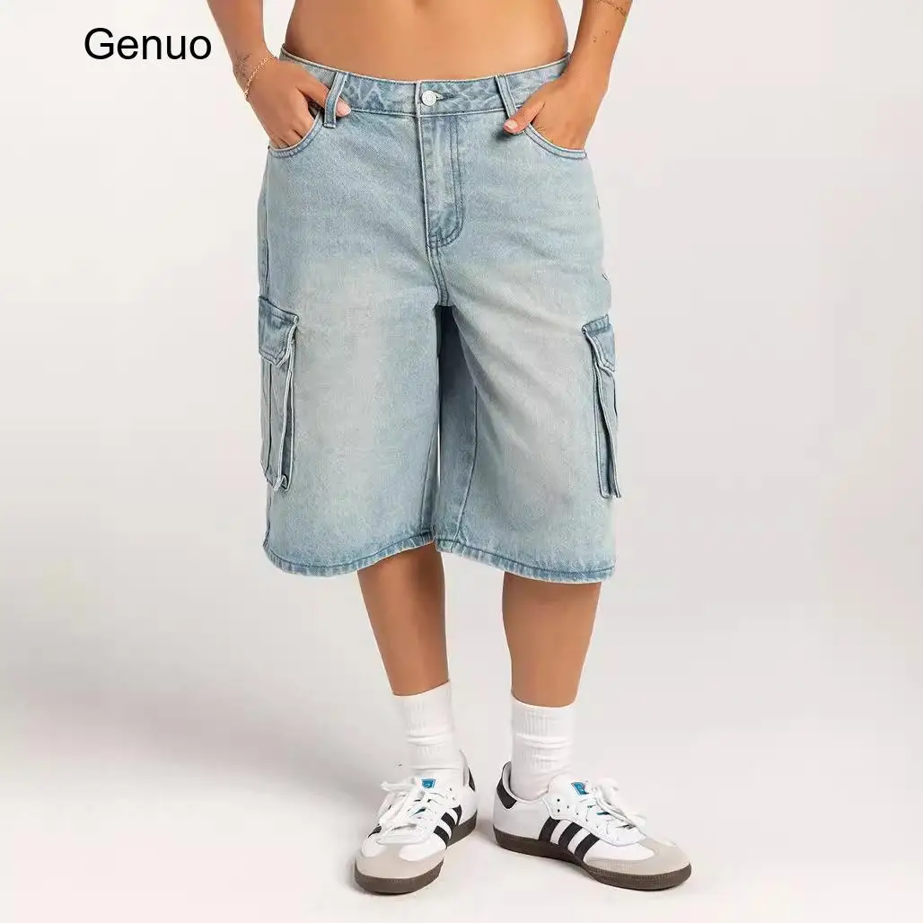 2026 Cargo Denim Bermuda Shorts Women Multi Side Pockets Loose Straight Washed Knee Length Jeans
