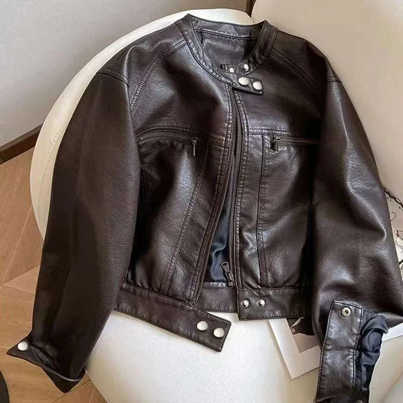 Women Clothing Short PU Leather Jacket Women's Coat Spring And Autumn New Small Design Stand-Up Collar Jacket tide