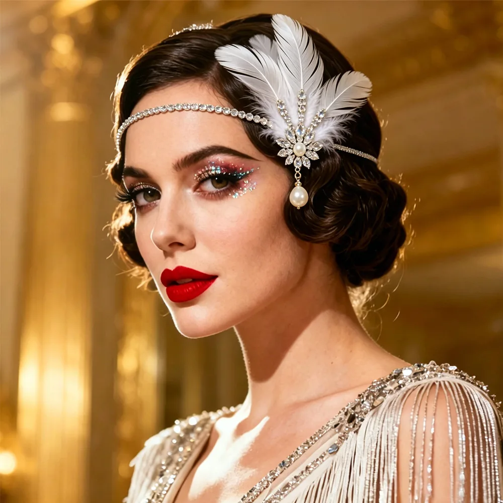 Flapper Headpiece Sparkling Rhinestone Feather Head Chain Gatsby Hair Accessory for Women Wedding Party Prom Gatsby Costume - view 3