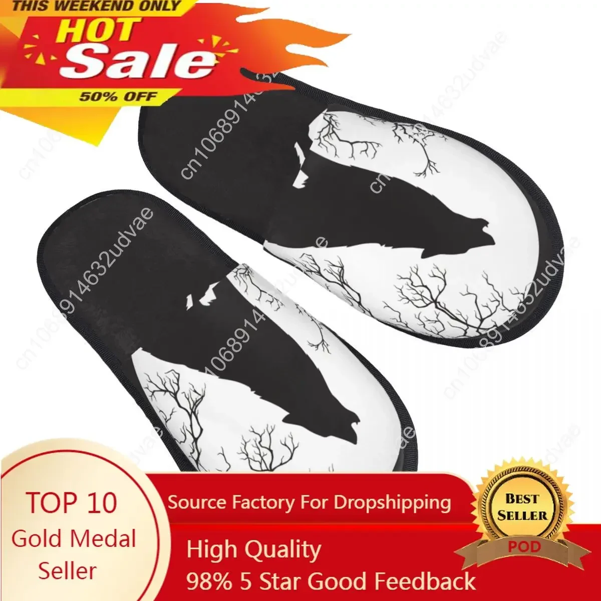 

Winter Women Men Non-Slip Flat Slippers Wolf Howling At The Moon Indoor Fur Soft Warm Shoes