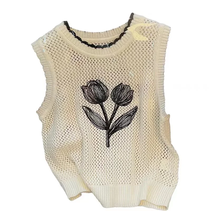 Summer Tulip Knitted Sleeveless Vest Pullover Women 2022 Korean Vintage Chic Knitwear Hollow Round Neck Short Vest Sweaters Tops