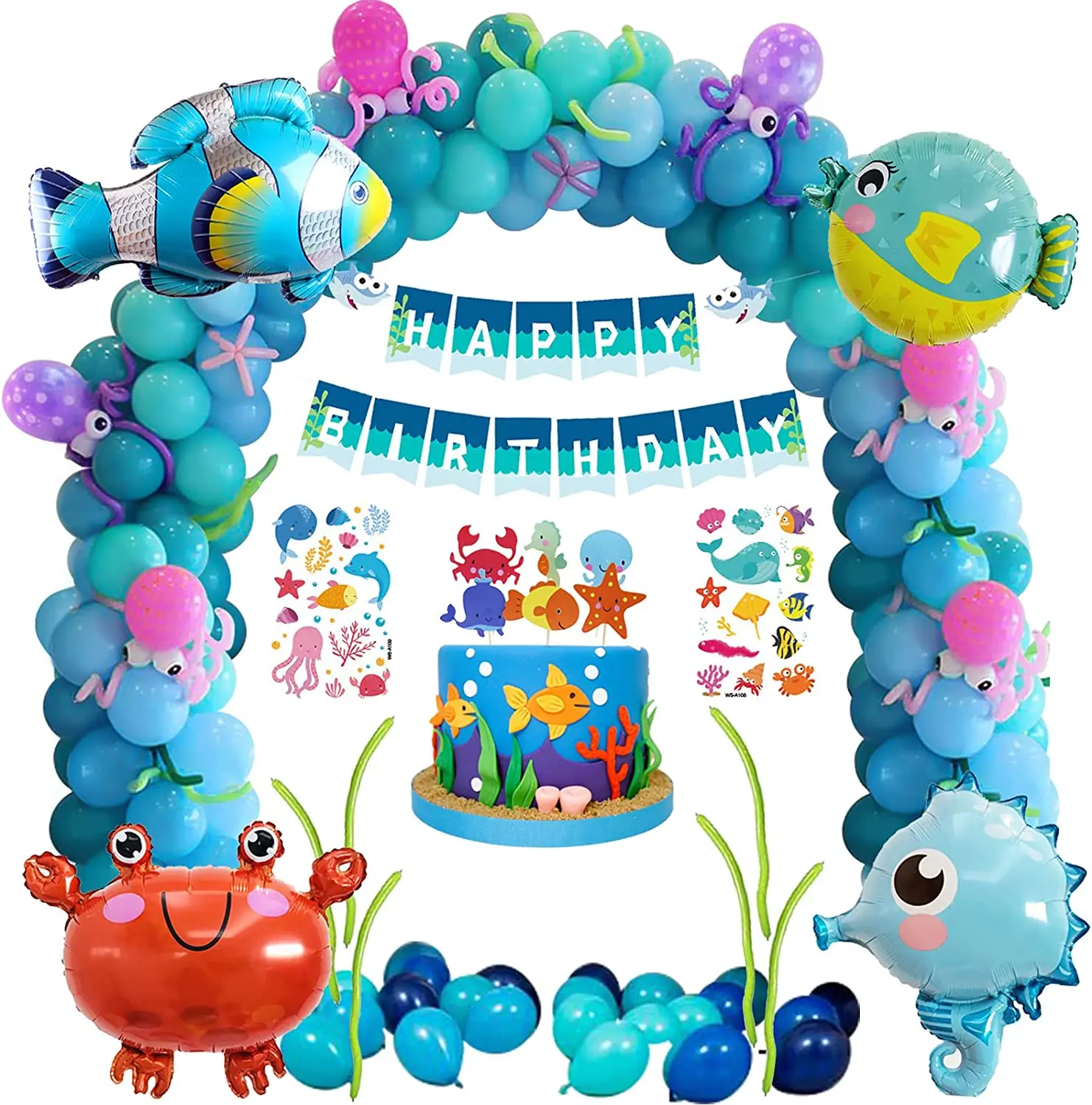 

Blue Balloons Under the Sea Party Decorations for Boys Ocean Theme Balloons Arch Kit Birthday Decor with Happy Birthday Banner M