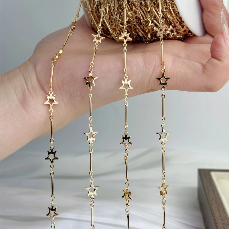 5 Meters New Gold Color Plated Hollow Star Bar Link Chains for Diy Jewelry Making Accessories Hair Garment Copper Tassel Chain