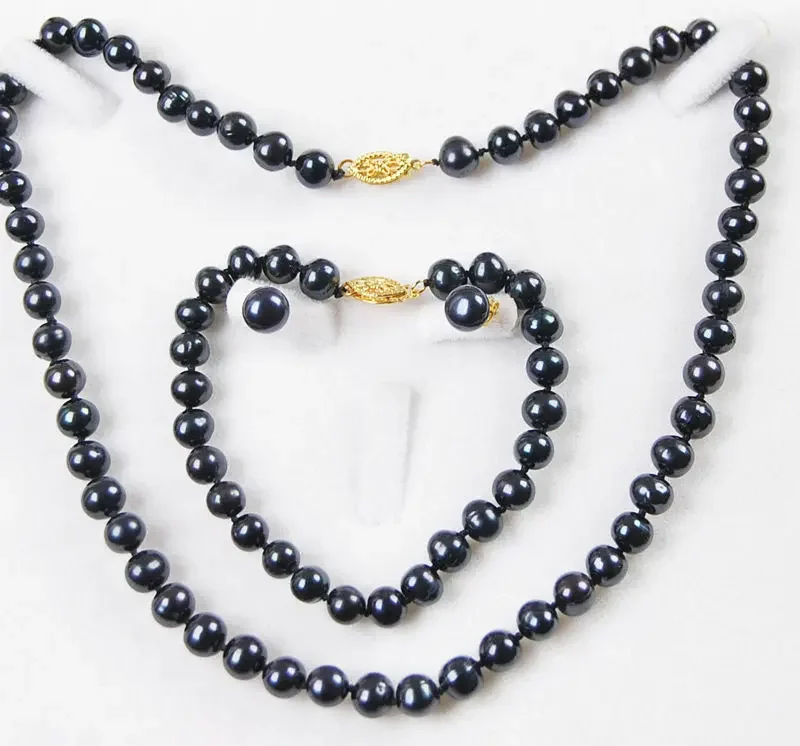 

7-8MM Black Genuine Natural Cultured Pearl Necklace Bracelet Earring Set