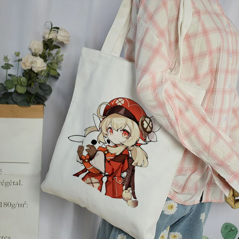 핫 게임 Genshin Impact Shopper Bags 캔버스 하라주쿠 쇼핑백 대용량 접이식 재사용 가능한 가방 숄더 백 핸드백