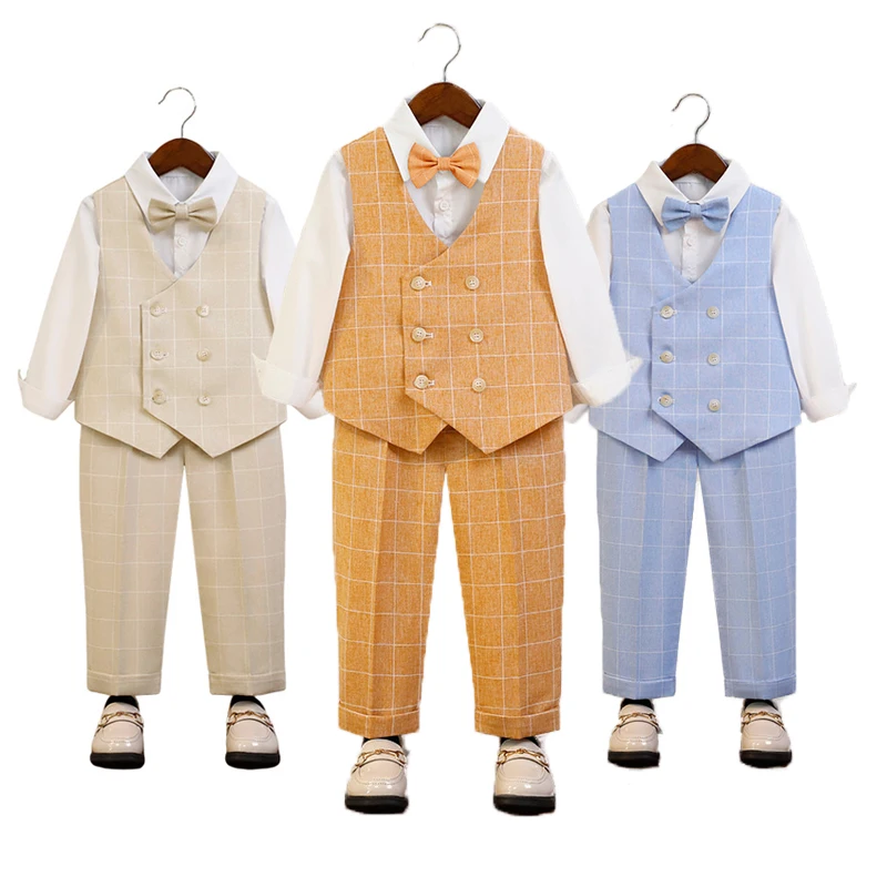 

Children's Plaid Vest Suit Set Spring Autumn Boy Wedding Birthday Party Piano Performance Costume Kids Waistcoat Pants Bowtie