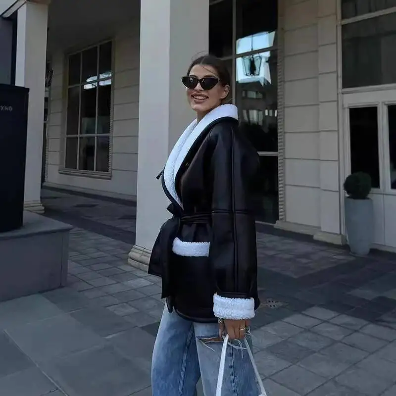 جديد فضفاض الشارع جهين معطف من جلد الغزال المرأة الدافئة الاصطناعي عادية الشتاء المرأة بولي Leather سترة جلدية