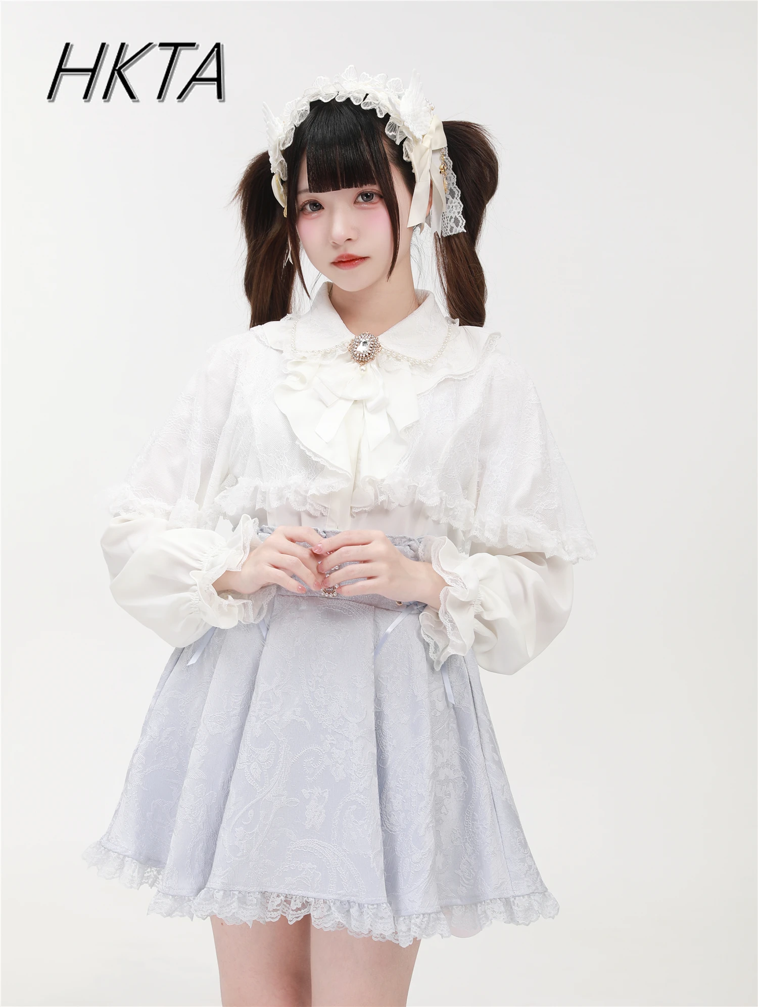 

Japanese Lolita Blouse 2025 Summer Detachable Lace Cape Shirts Women Sweet Cute Doll Collar Petal Long Sleeve Pink Blusas Girl