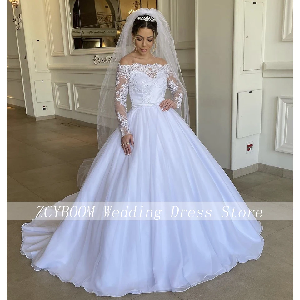 Elegante scollo a barca con paillettes in rilievo al largo della spalla abito da sposa 2023 abito da ballo lunghezza del pavimento Sweep Train maniche lunghe abito da sposa