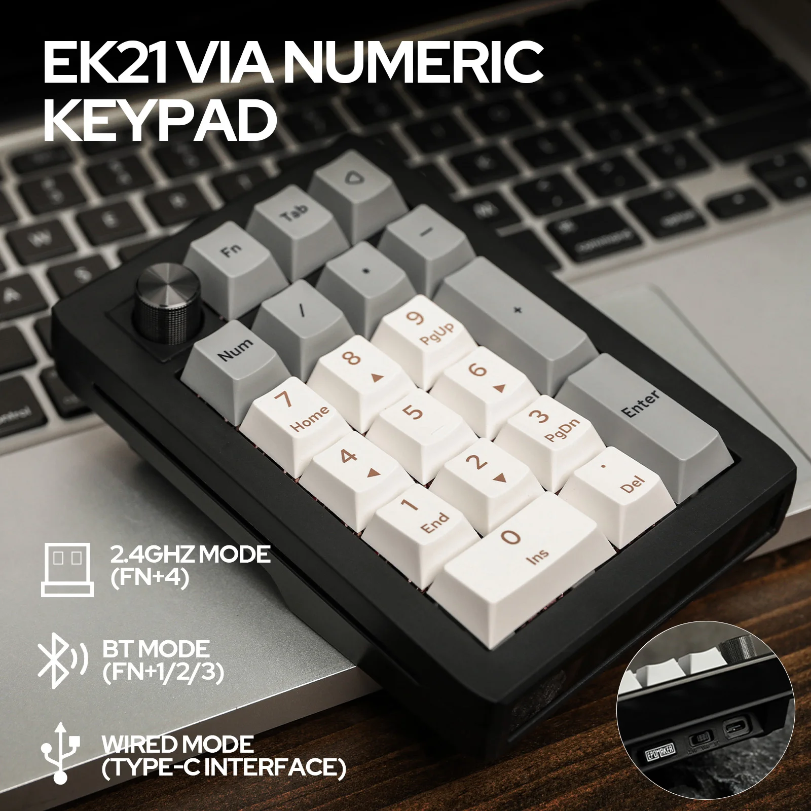 EPOMAKER EK21 VIA Gasket Number Pad Bluetooth 5.0/2.4ghz/Wired Hot Swappable Numpad Programmable for Win/Mac/Gaming