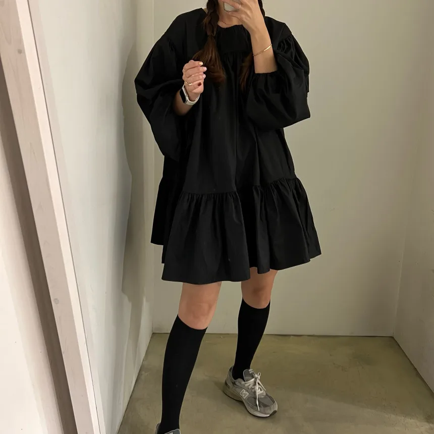 레트로 라운드 네 스플라이스 레이어드 디자인 루즈 롱 스웨트셔츠 한국 스타일 여성 캐주얼 스웨트셔츠 봄 가을 겨울