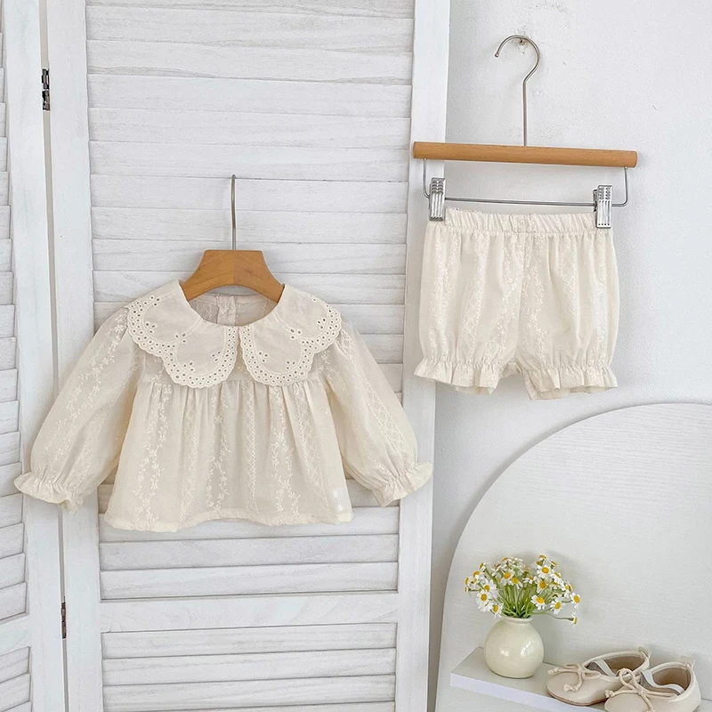 

2026 New Spring Toddler Baby Girl Clothes Suit Long Sleeved Cotton Solid Color T-shirt+PP Shorts 0-24M Children Clothes Set