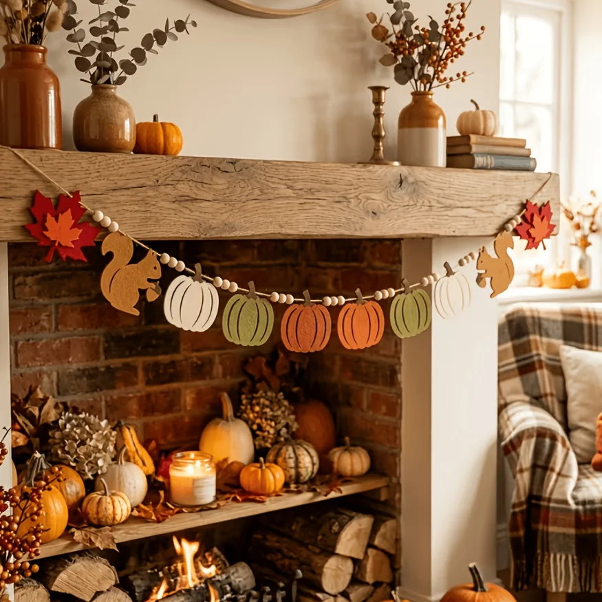 Autumn Squirrel Felt Banner Thanksgiving Pumpkin Maple Leaf Bead String Banner, Suitable for Harvest Party Birthday
