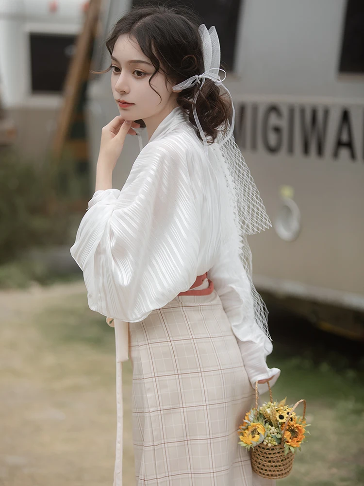 Song Dynasty Improved Hanfu Women\'s Aircraft Sleeve Swirl Skirt Summer Changhan Element Plaid Suit Short Shirt Thin