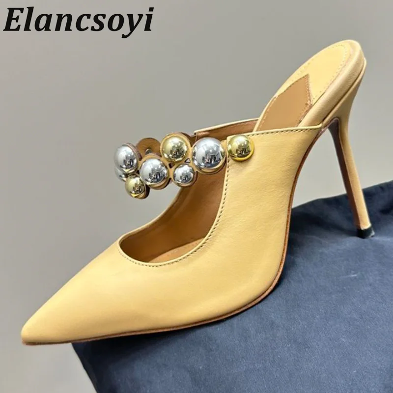 

Spring Autumn Pointed Toe Genuine Leather Metal Bead Thin Heel Slippers Women's Solid Color Lazy Mules Casual Vacation Shoes