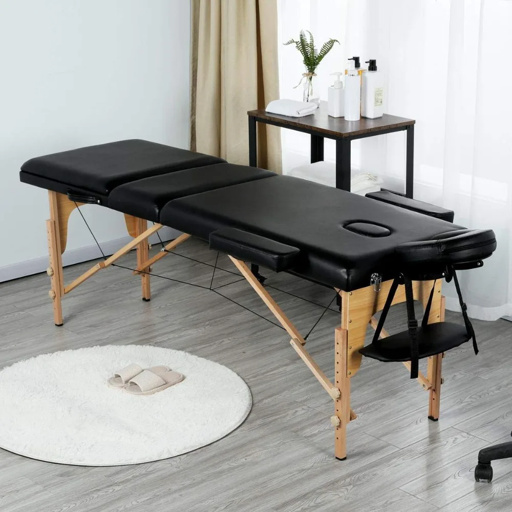 Massage Table Portable Adjustable Massage Bed Foldable Massage Therapy Table 3 Folding 84 Inch Salon Bed Facial Bed, Black