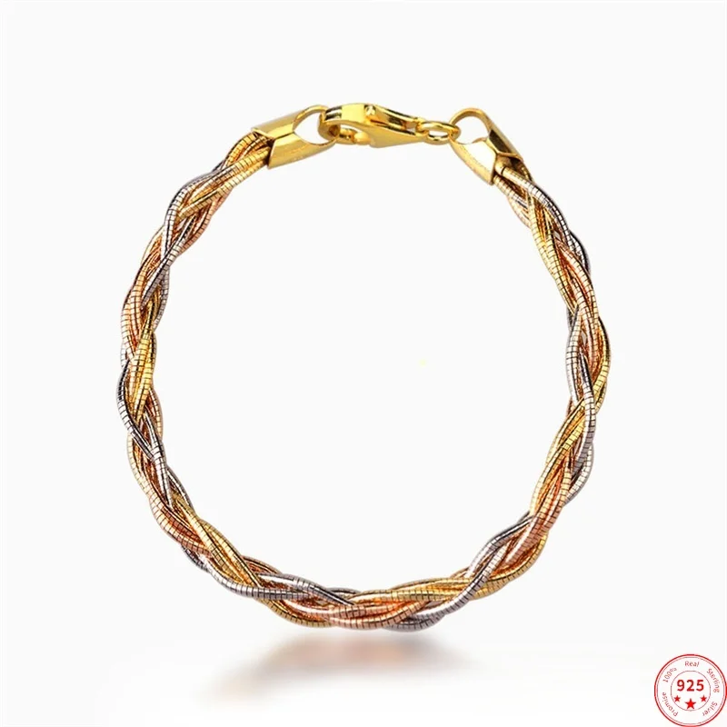

S925 Sterling Silver Bracelets for Women Tri-color Gold Plated Six-strand Braided 3D Shiny Woven-chain Fashion Jewelry Wholesale