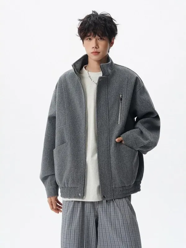 レトロアメリカンデコンストラクトジャケットメンズカジュアルオーバーサイズウールコートルーズフィットスタンドカラー秋トレンドブランド